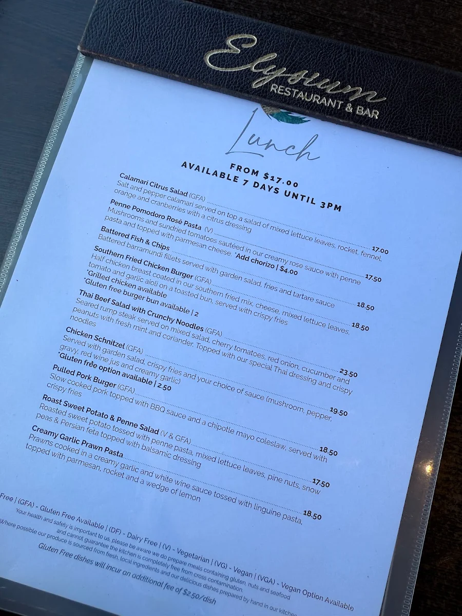 Menu, Elysium Restaurant & Bar