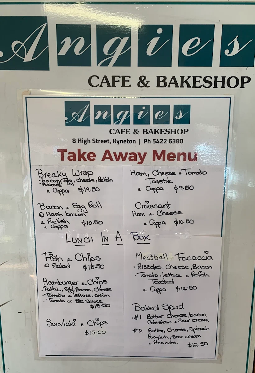 Menu, Angie's Cafe & Bakeshop
