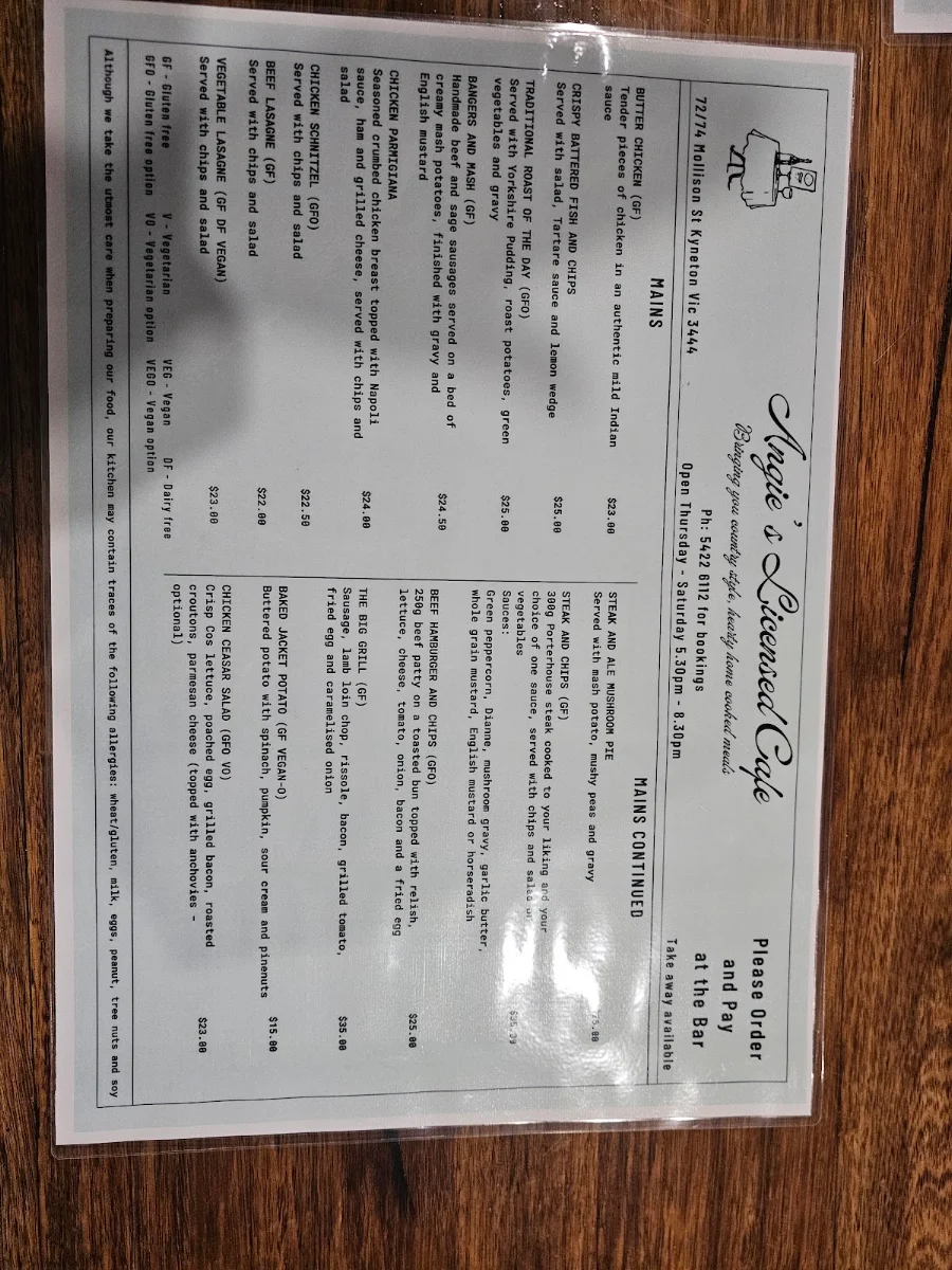 Menu, Angie's Cafe & Bakeshop