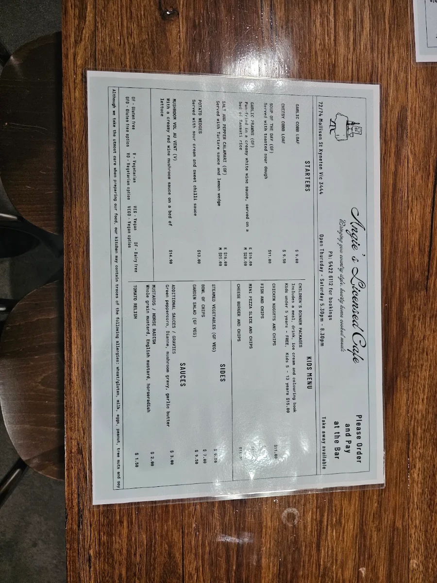 Menu, Angie's Cafe & Bakeshop