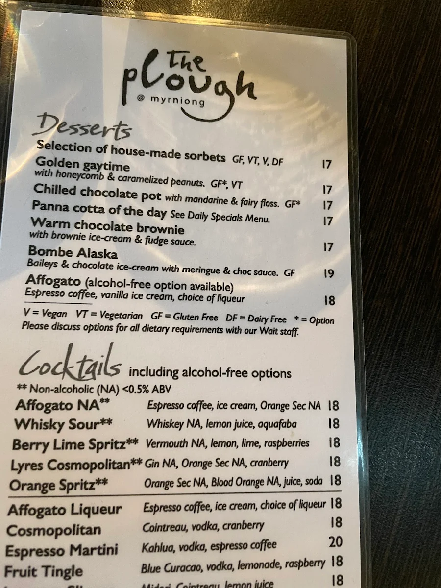 Menu, The Plough @ Myrniong