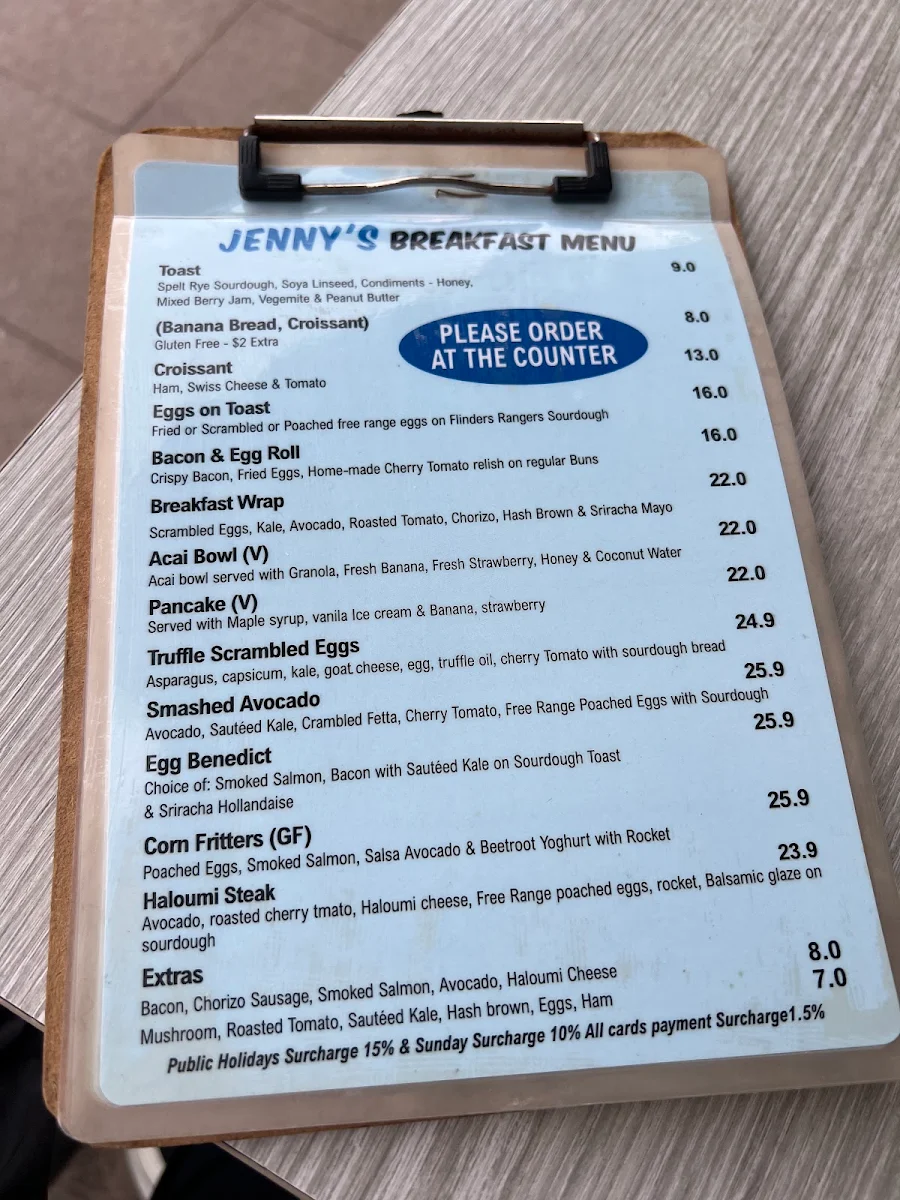 Menu, Jenny's Cafe