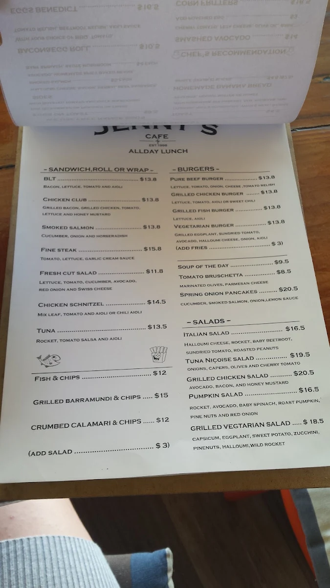 Menu, Jenny's Cafe