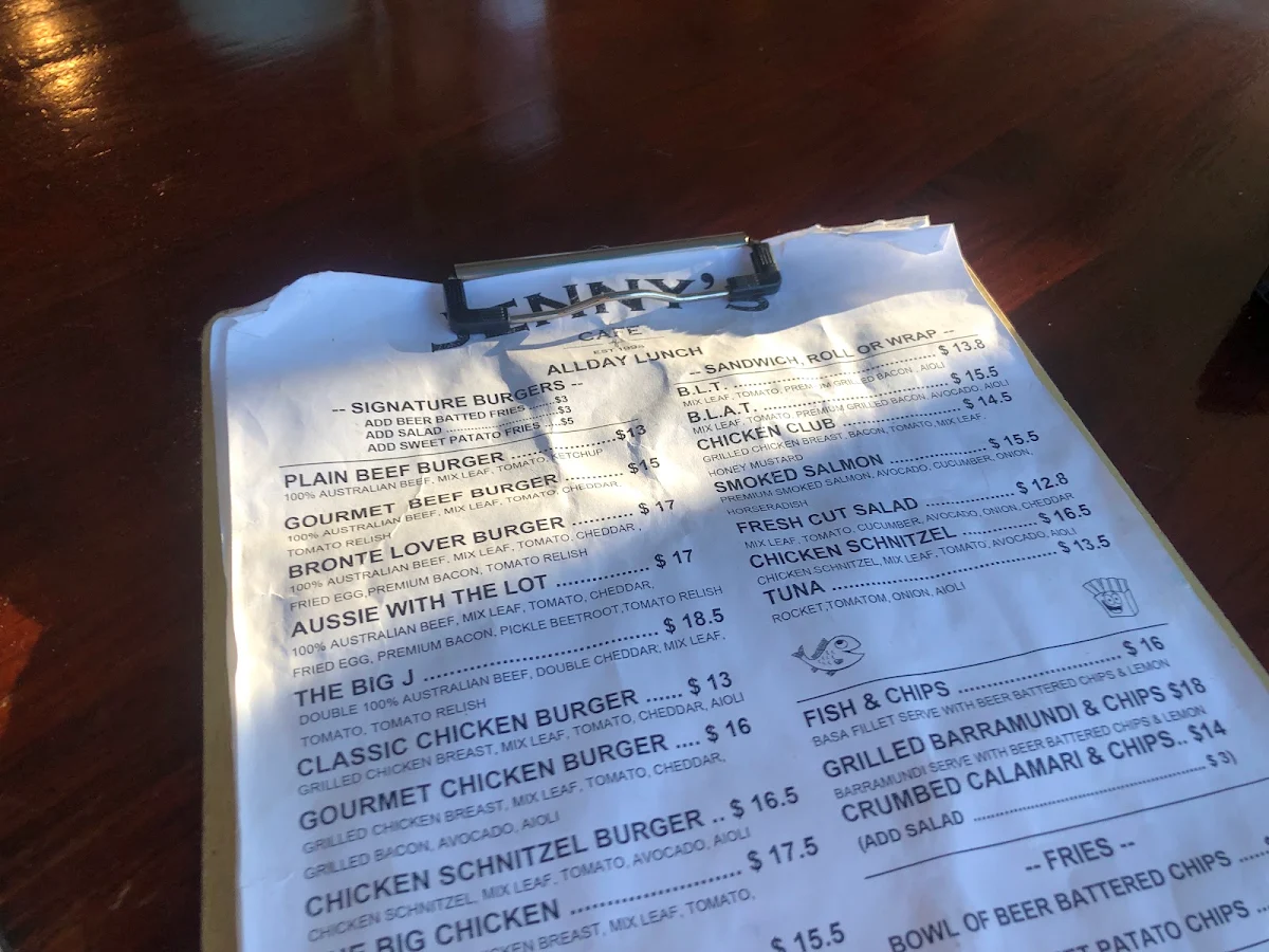 Menu, Jenny's Cafe