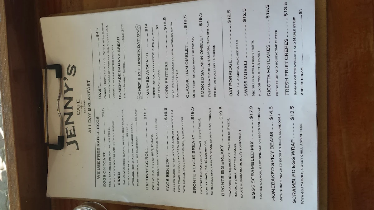 Menu, Jenny's Cafe