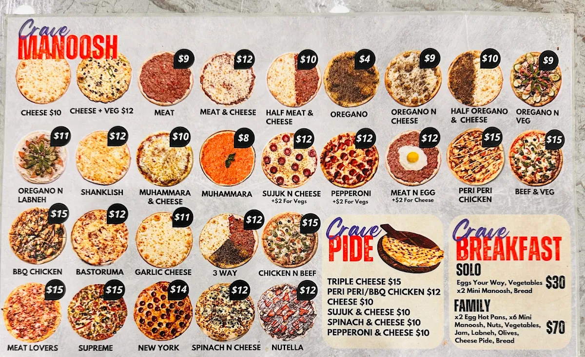 Menu, Crave Manoosh N' Acai