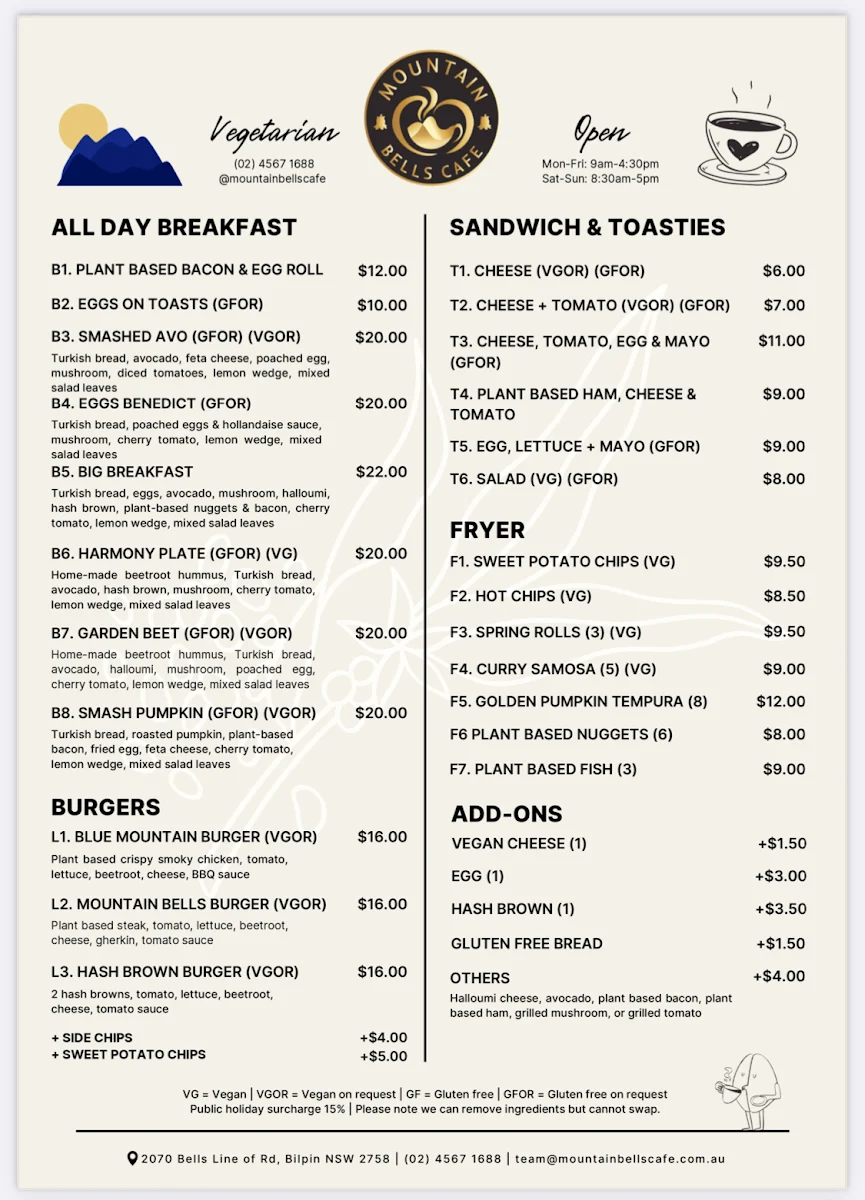 Menu, Mountain Bells Cafe
