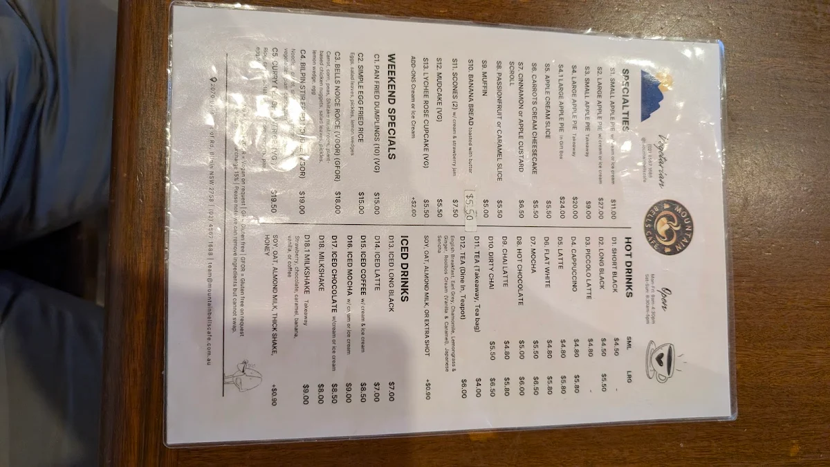 Menu, Mountain Bells Cafe