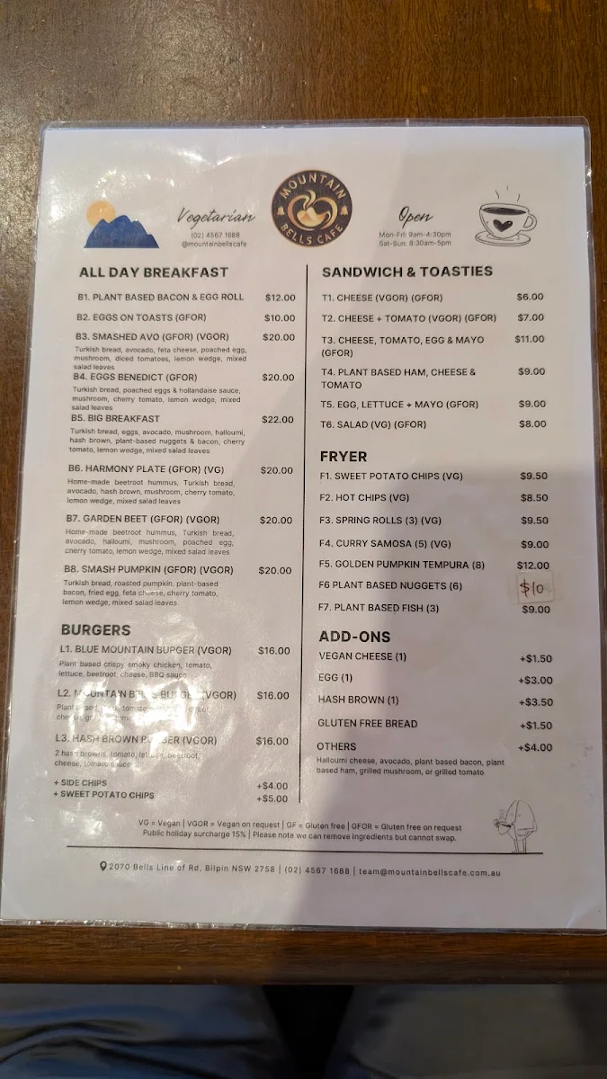 Menu, Mountain Bells Cafe