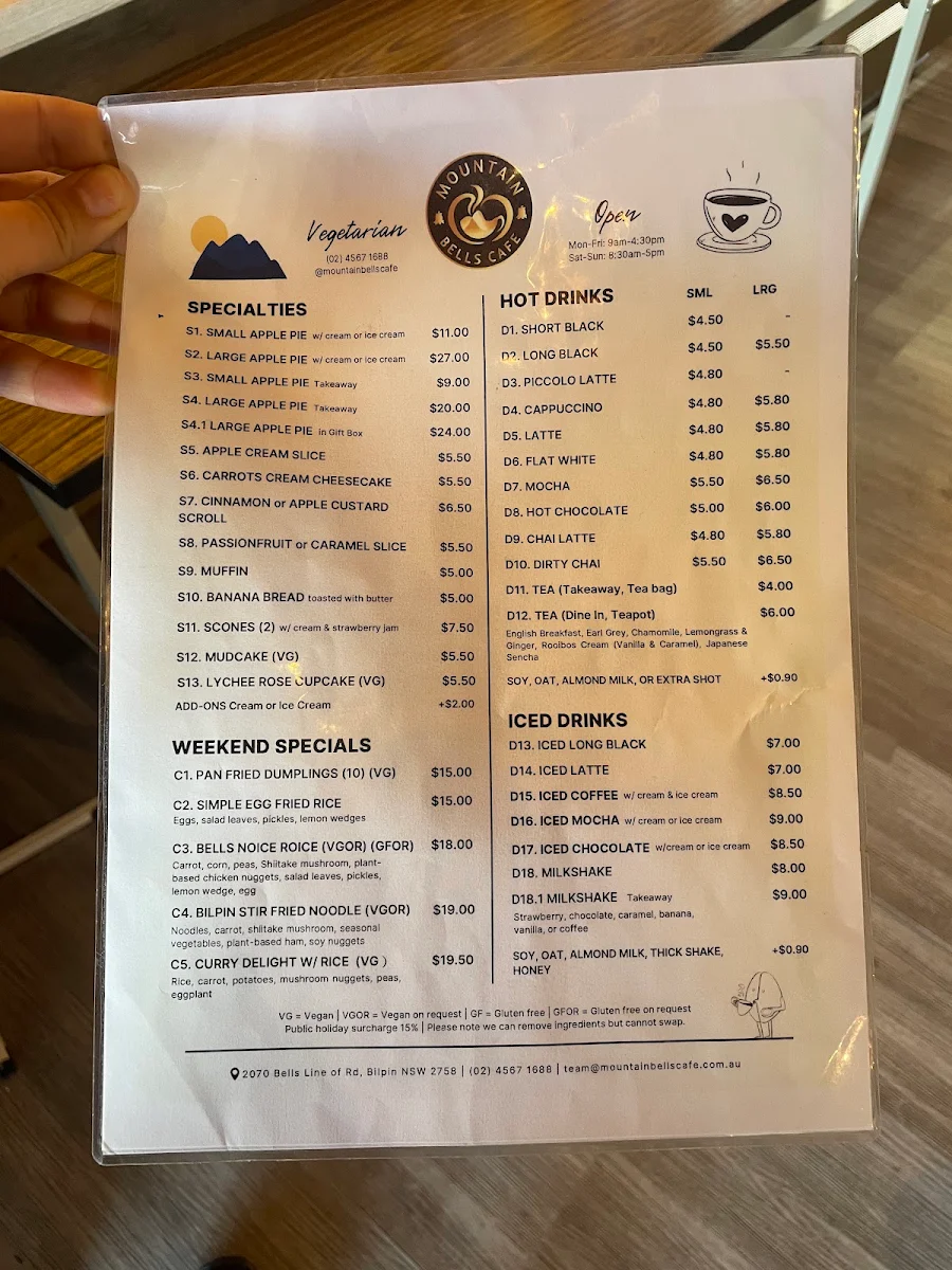 Menu, Mountain Bells Cafe