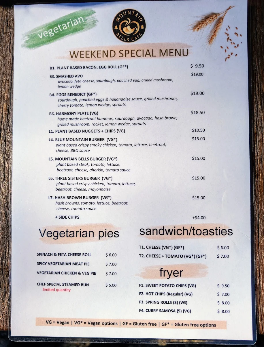 Menu, Mountain Bells Cafe