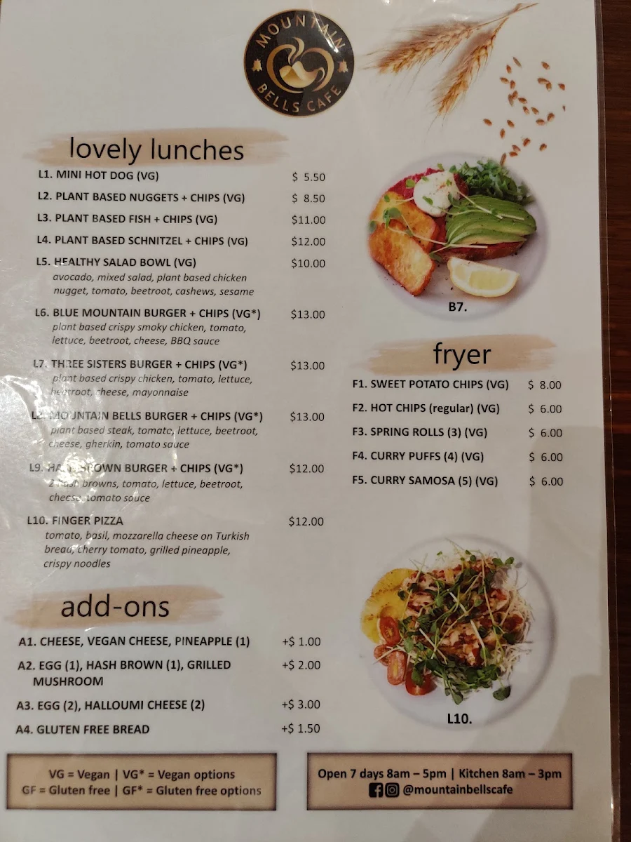 Menu, Mountain Bells Cafe