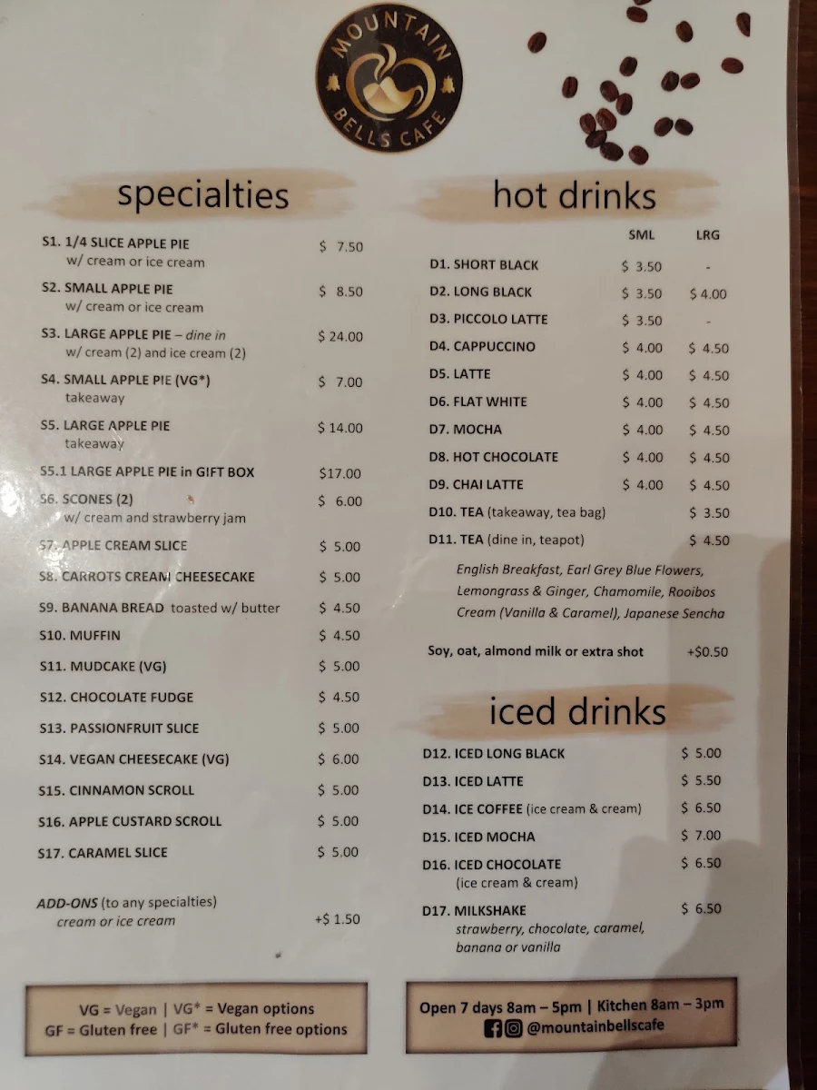 Menu, Mountain Bells Cafe