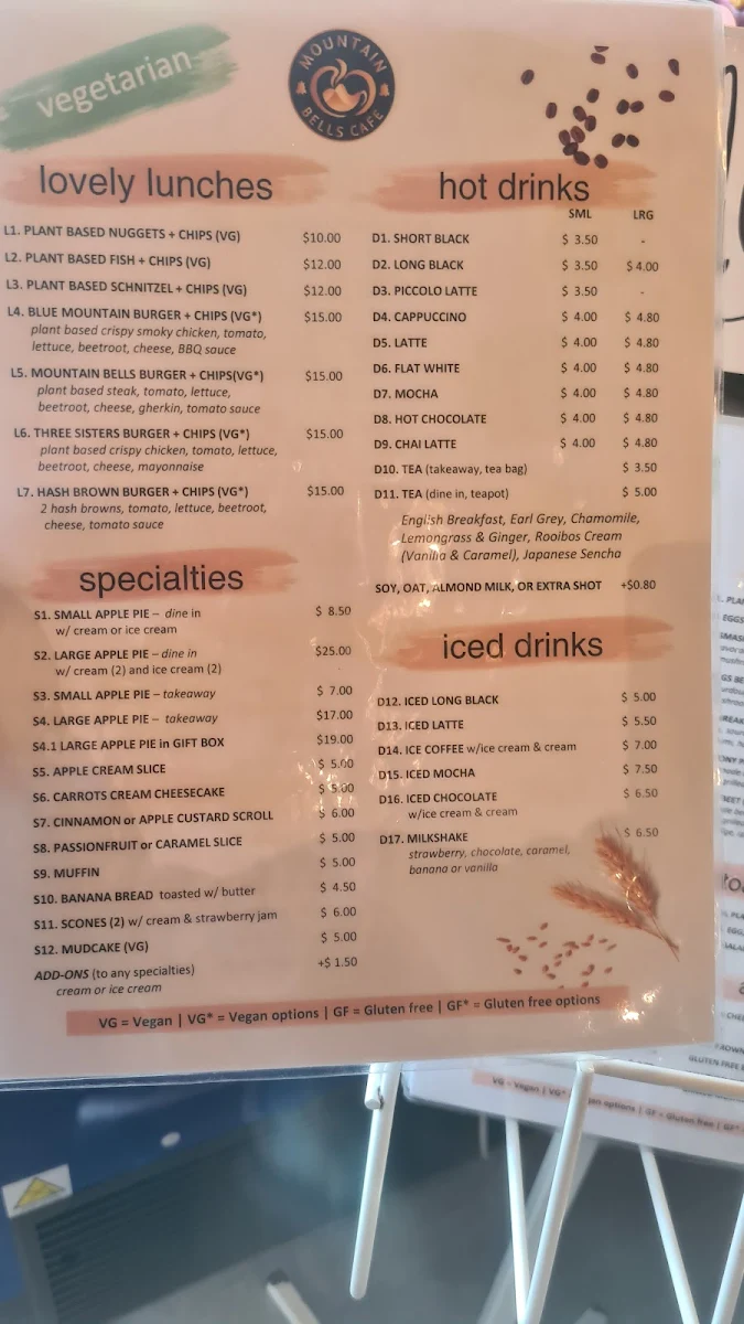 Menu, Mountain Bells Cafe
