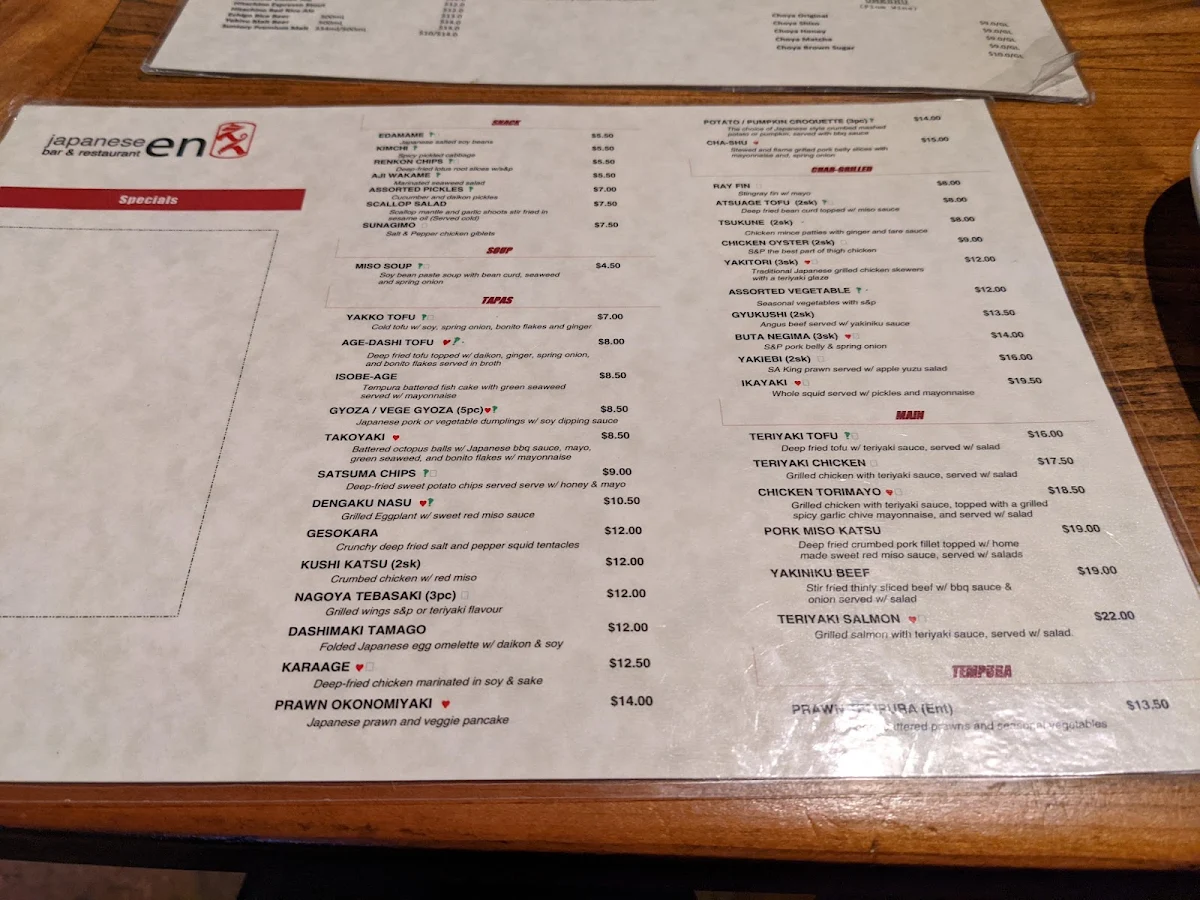 Menu, En Japanese Bar and Restaurant