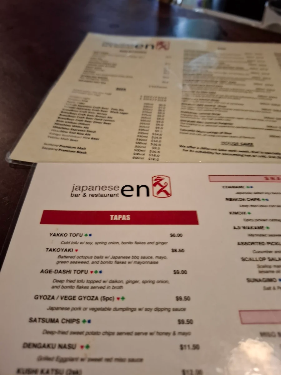 Menu, En Japanese Bar and Restaurant