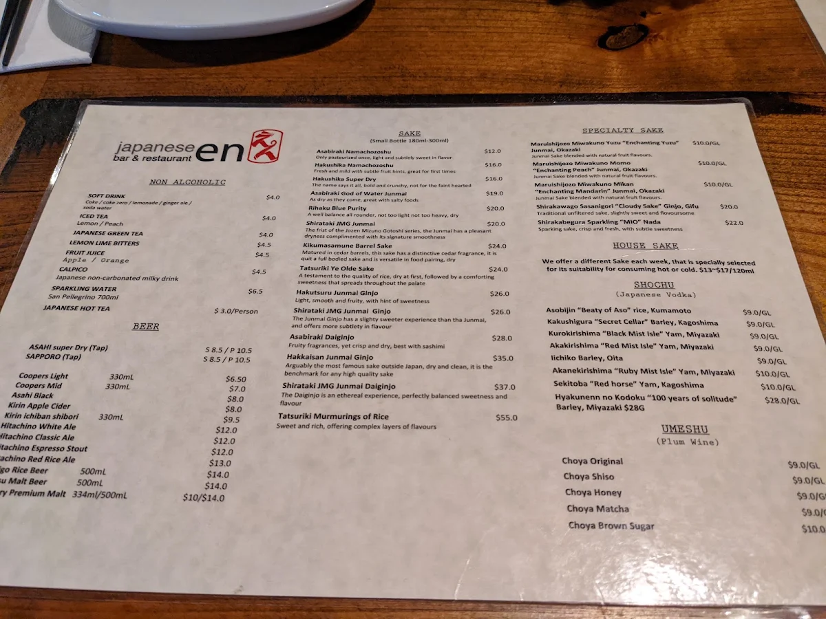 Menu, En Japanese Bar and Restaurant