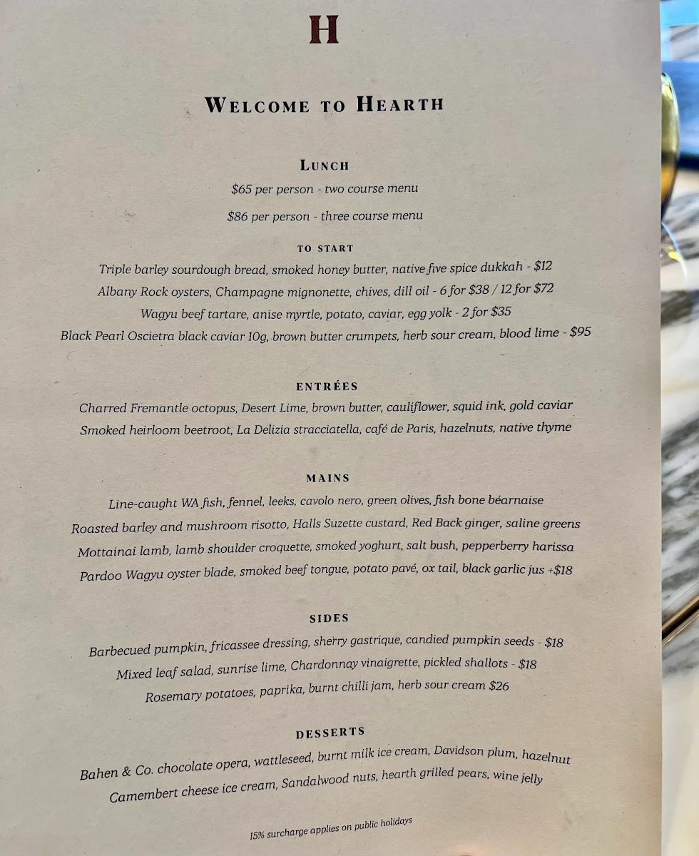 Menu, Hearth Restaurant & Lounge