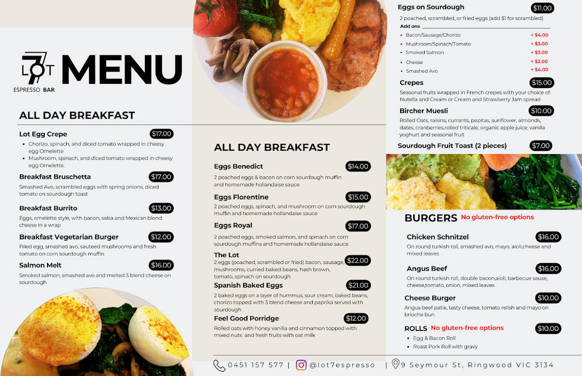 Menu, Lot 7 Espresso Bar