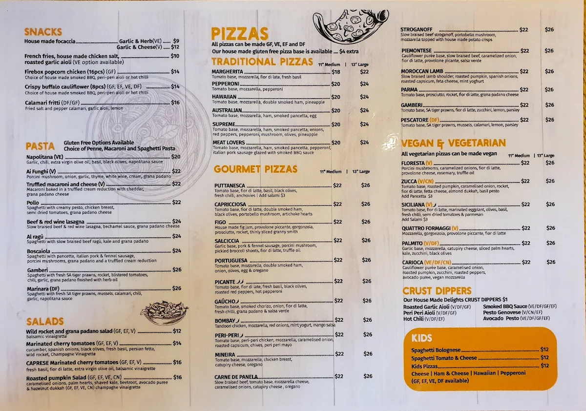 Menu, Firebox Pizza Hawthorn