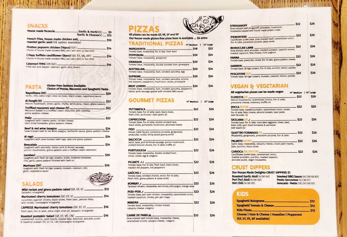 Menu, Firebox Pizza Hawthorn