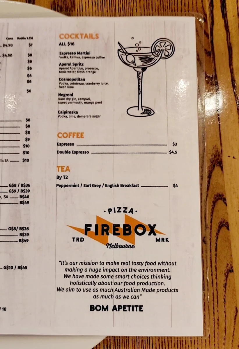Menu, Firebox Pizza Hawthorn