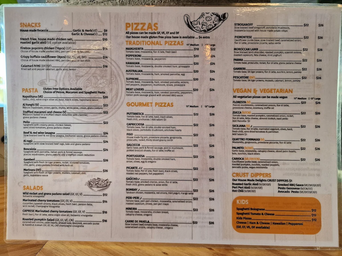 Menu, Firebox Pizza Hawthorn