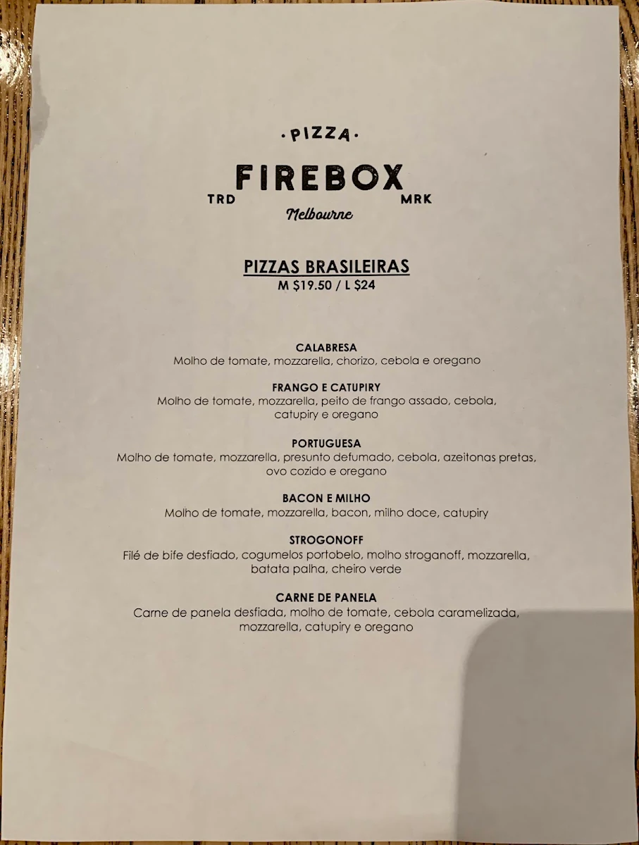 Menu, Firebox Pizza Hawthorn