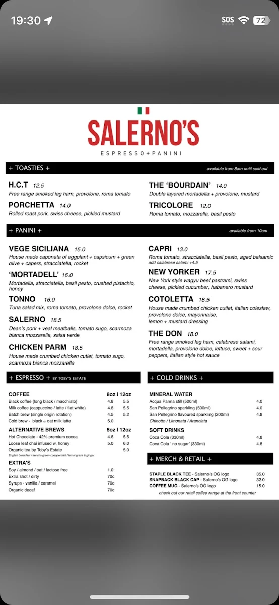 Menu, Salernos Espresso + Panini