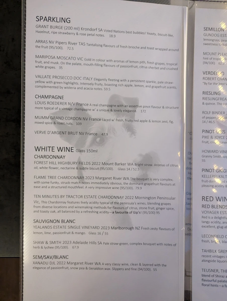 Menu, Gip's Restaurant