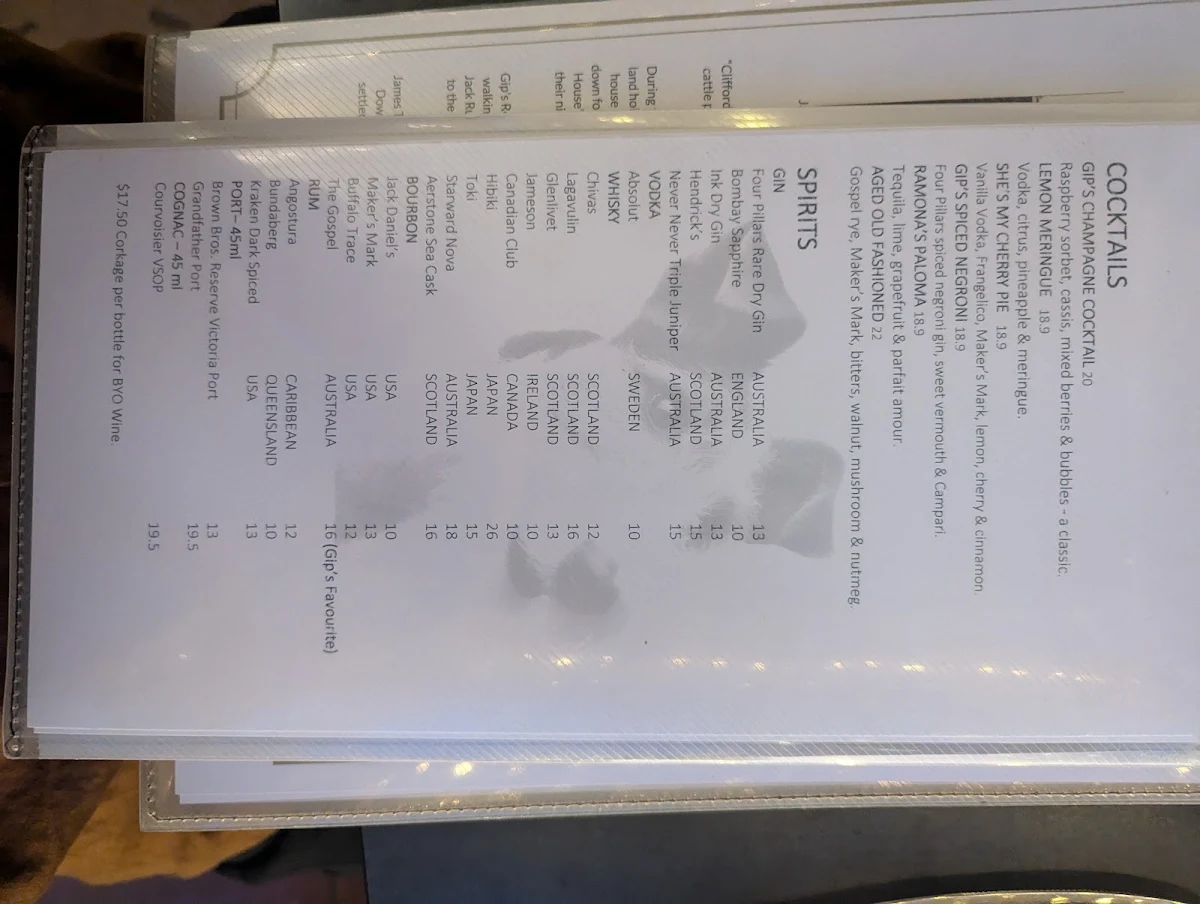 Menu, Gip's Restaurant