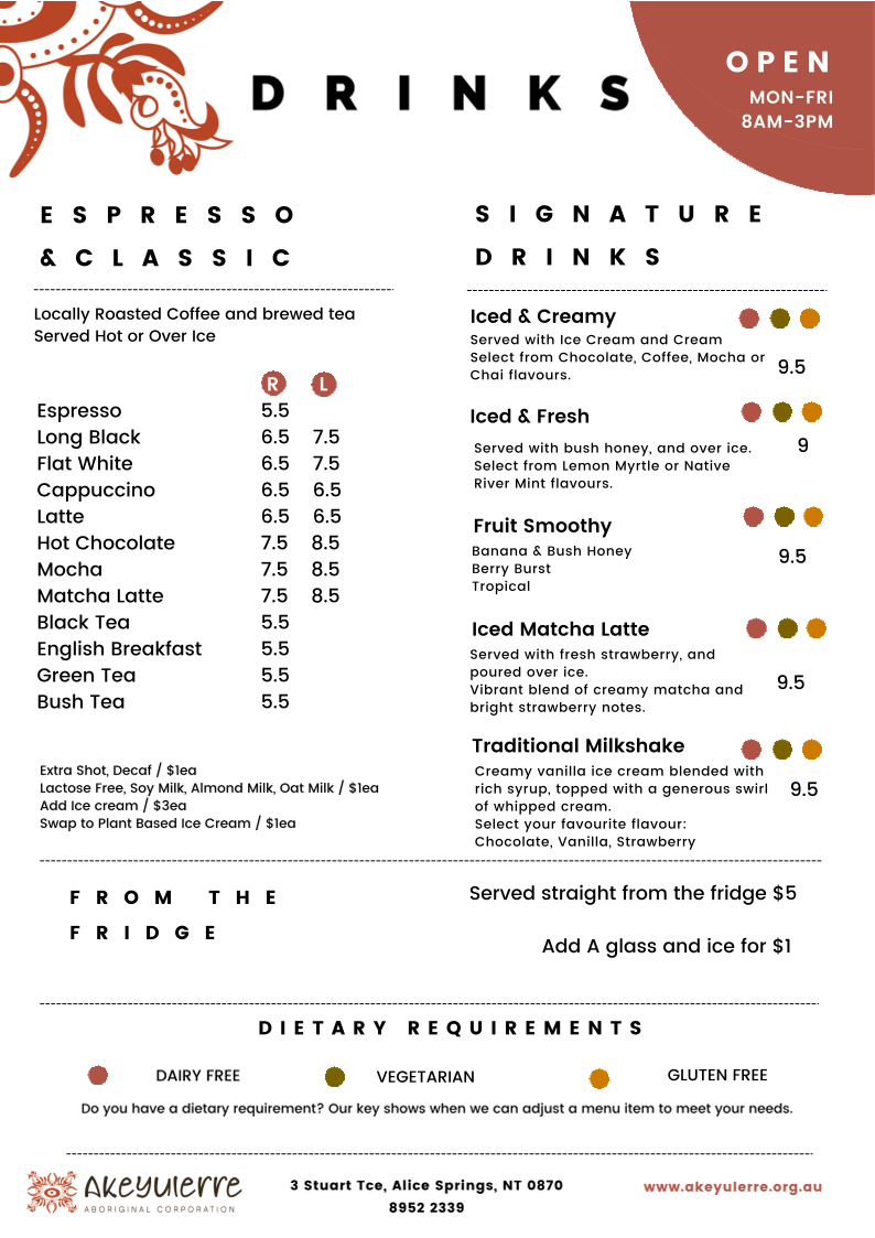 Menu, Akeyulerre Cafe