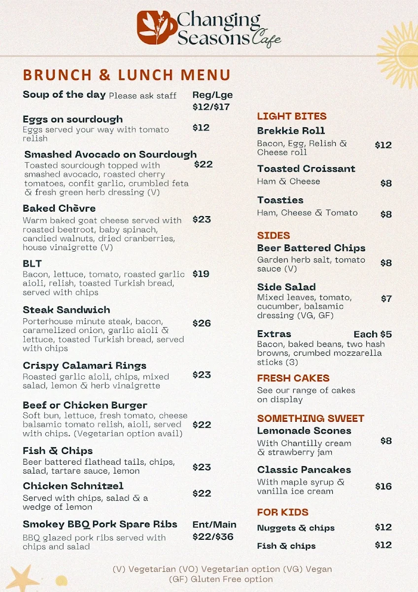 Menu, Changing Seasons Cafe