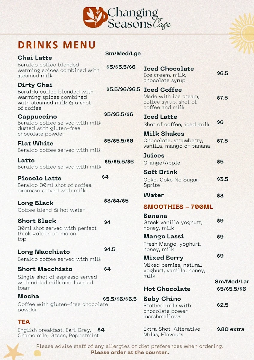 Menu, Changing Seasons Cafe