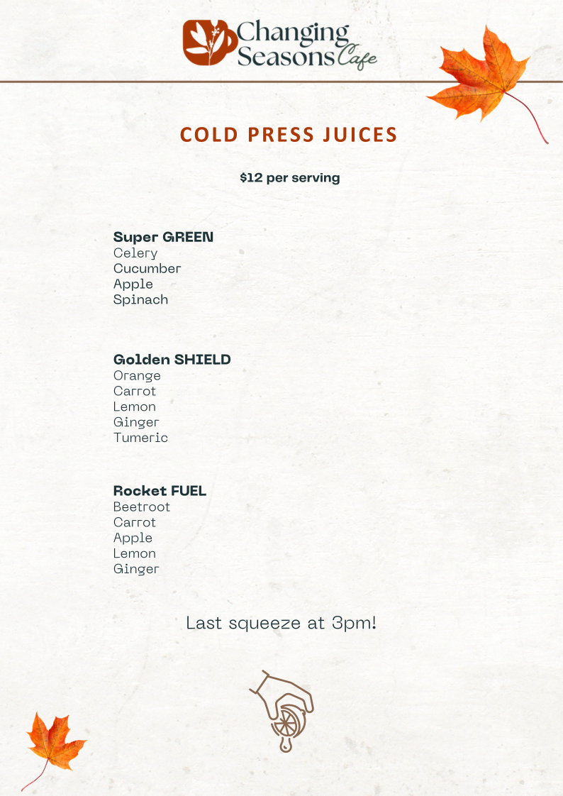 Menu, Changing Seasons Cafe