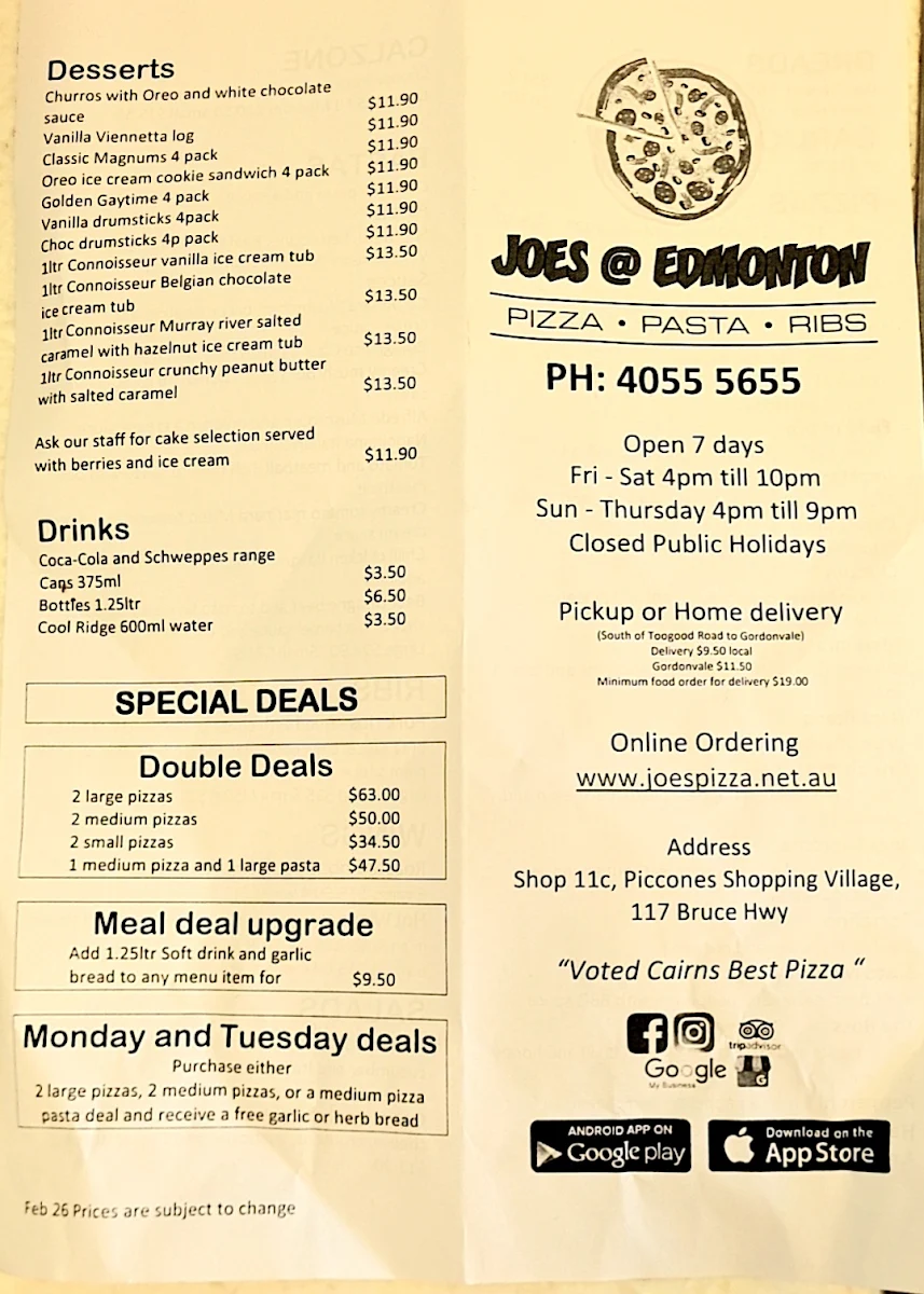 Menu, Joes pizza Edmonton