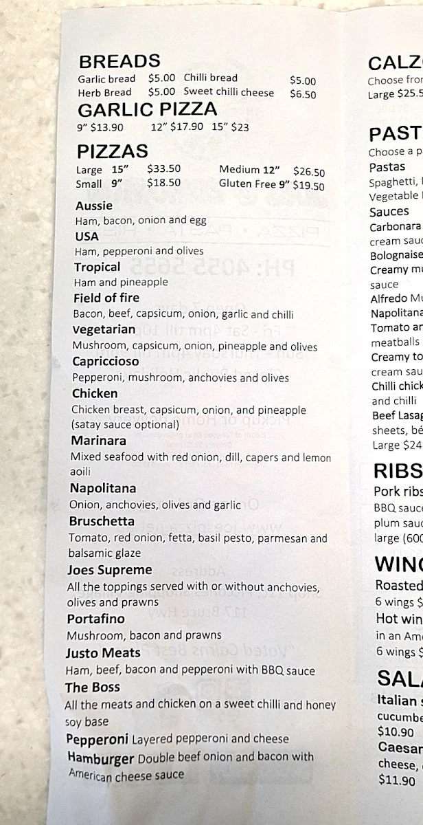 Menu, Joes pizza Edmonton