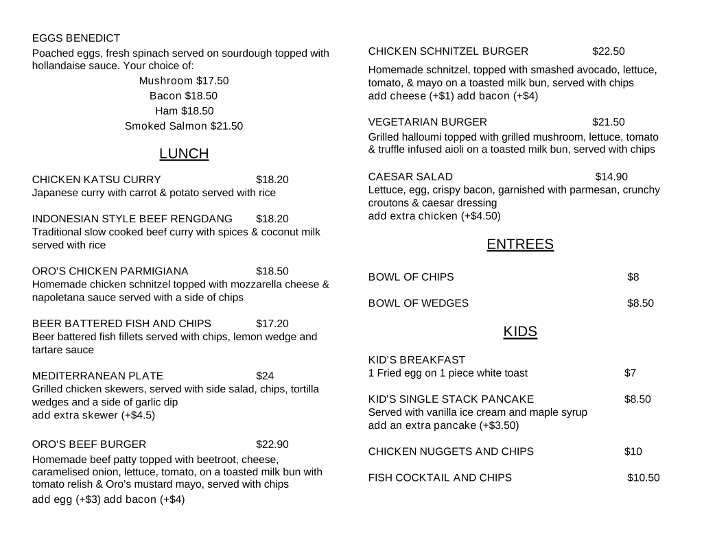 Menu, Oro espresso