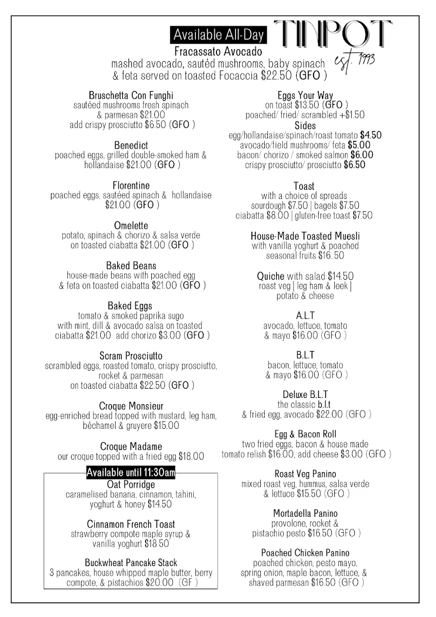 Menu, Tin Pot Cafe