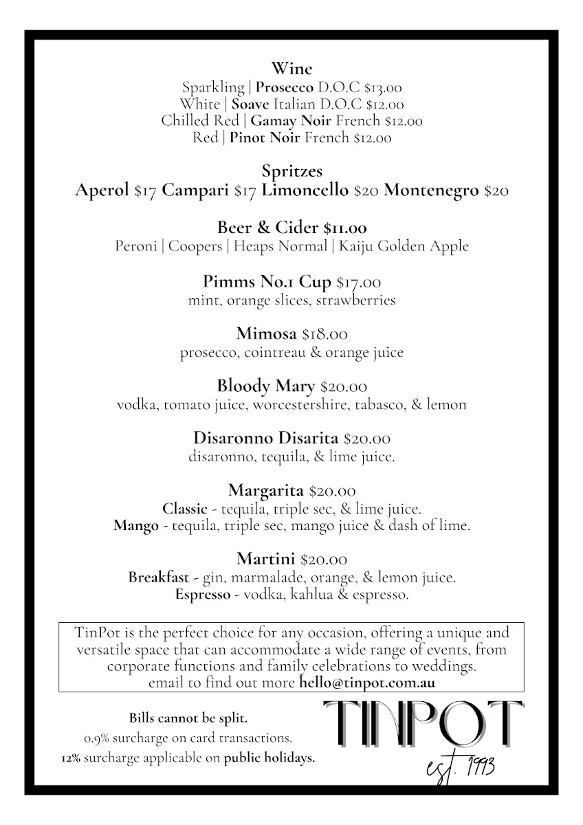 Menu, Tin Pot Cafe