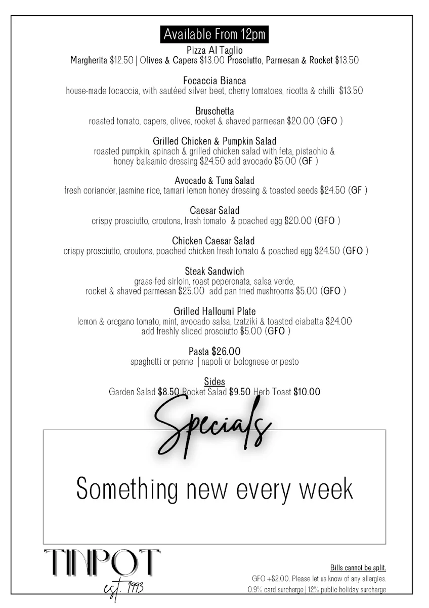 Menu, Tin Pot Cafe