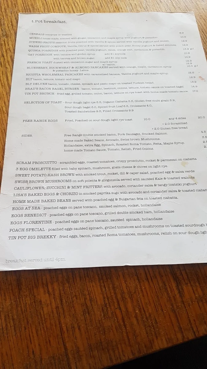 Menu, Tin Pot Cafe