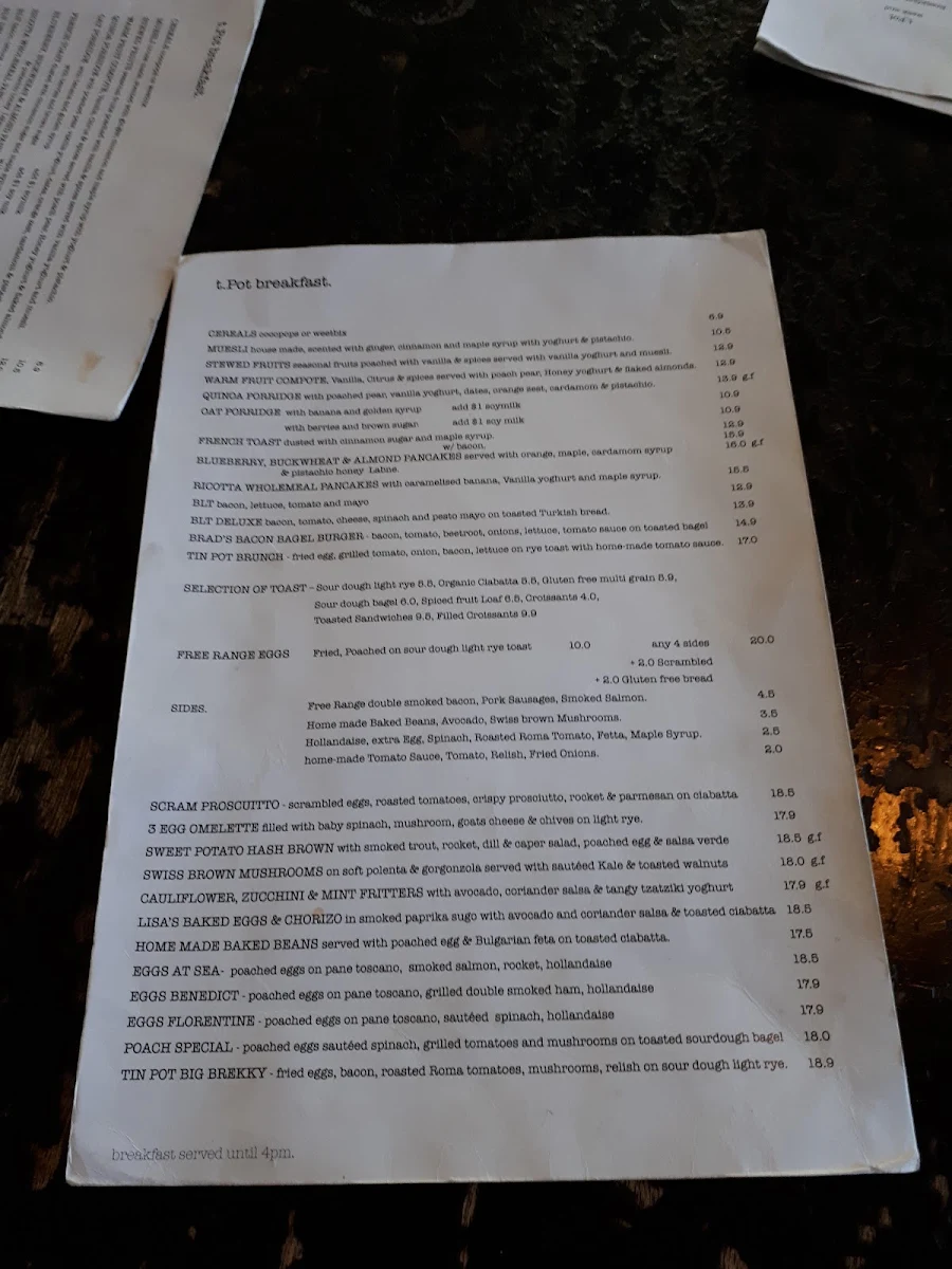 Menu, Tin Pot Cafe