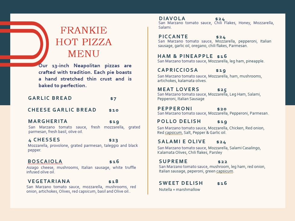 Menu, Frankie Frankie Hot Pizza