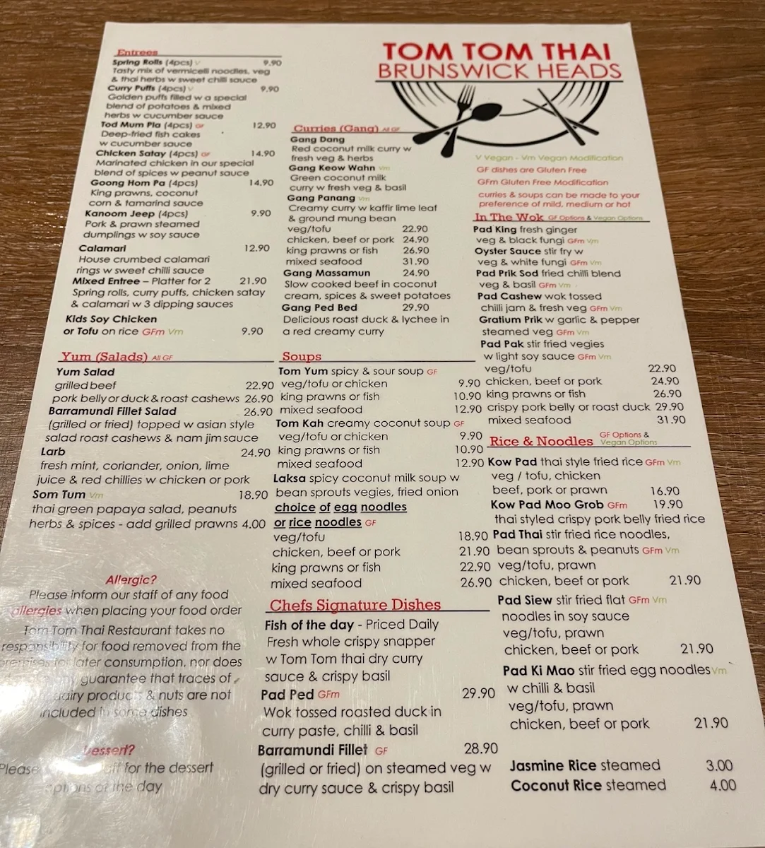 Menu, Tom Tom Thai Restaurant