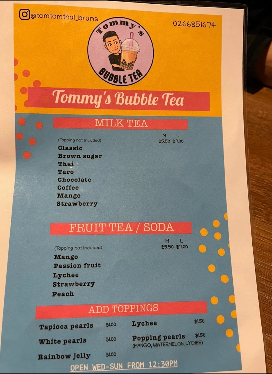 Menu, Tom Tom Thai Restaurant
