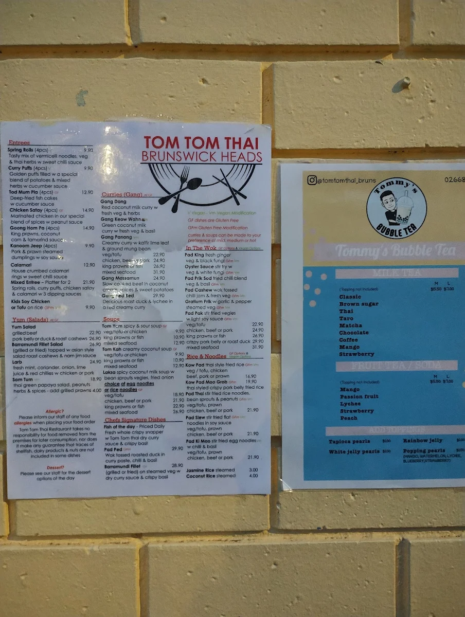Menu, Tom Tom Thai Restaurant
