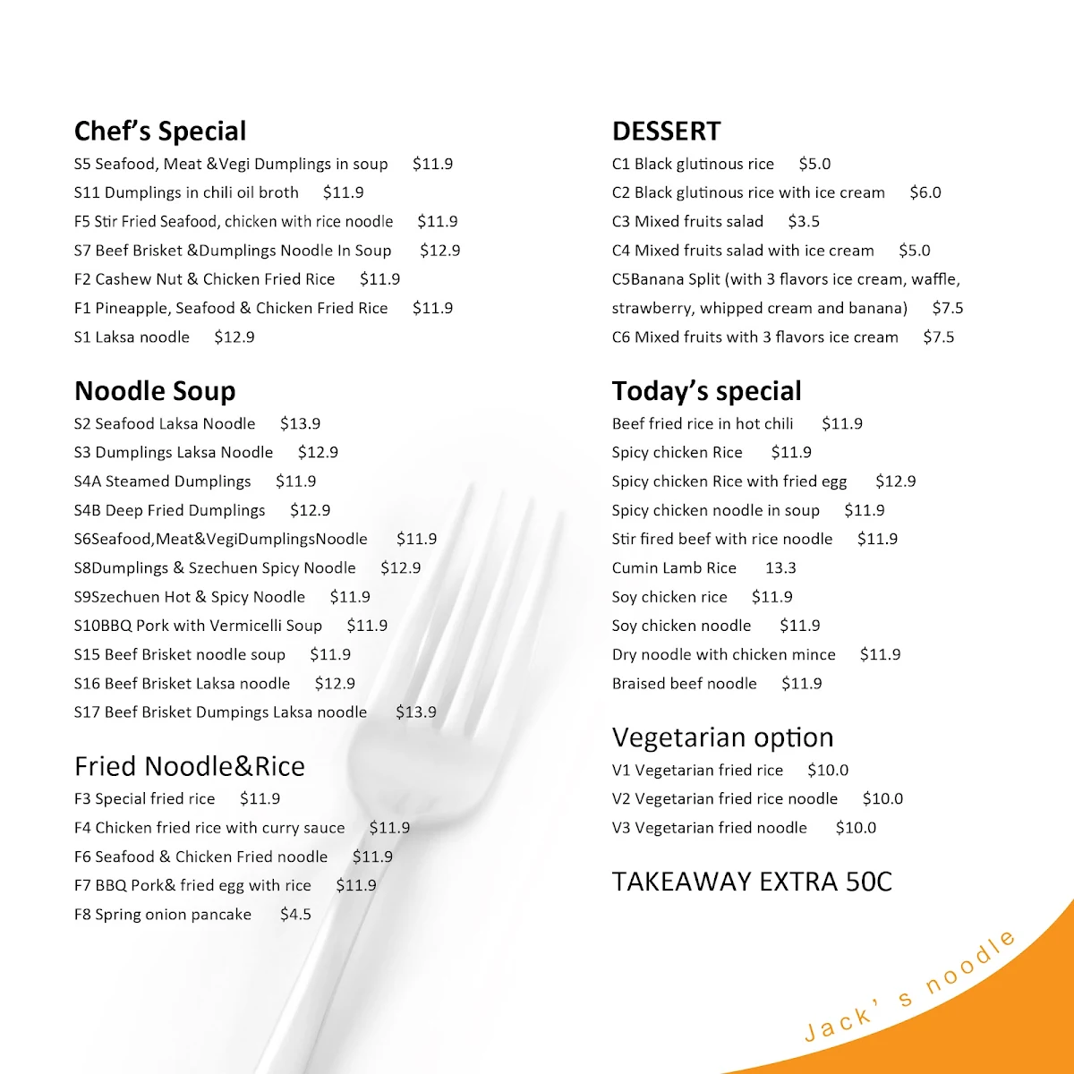 Menu, Jack's Noodle