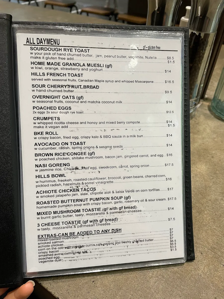 Menu, Hills Bros Cafe