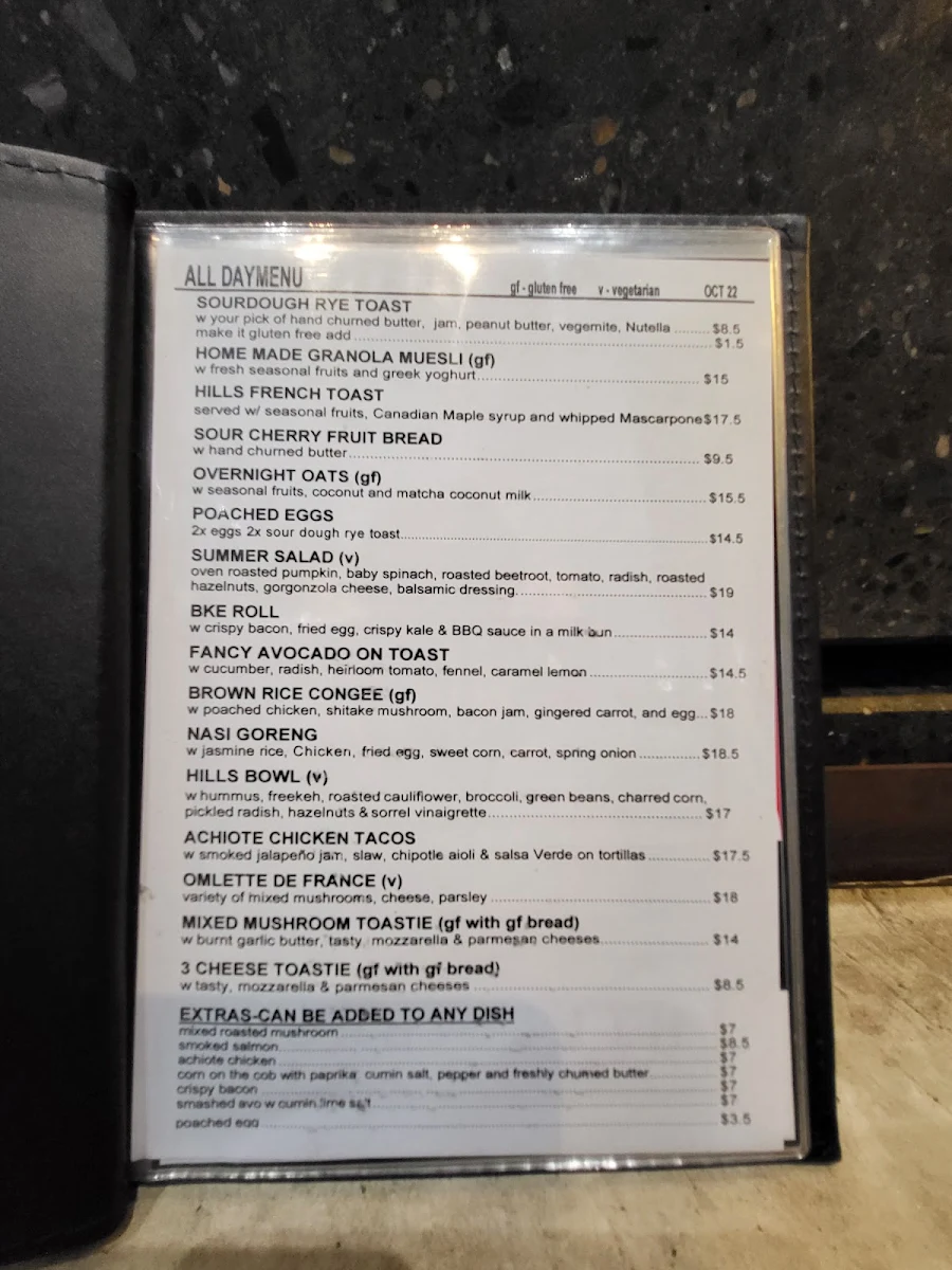 Menu, Hills Bros Cafe